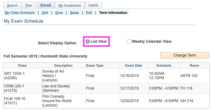 final exam in list view